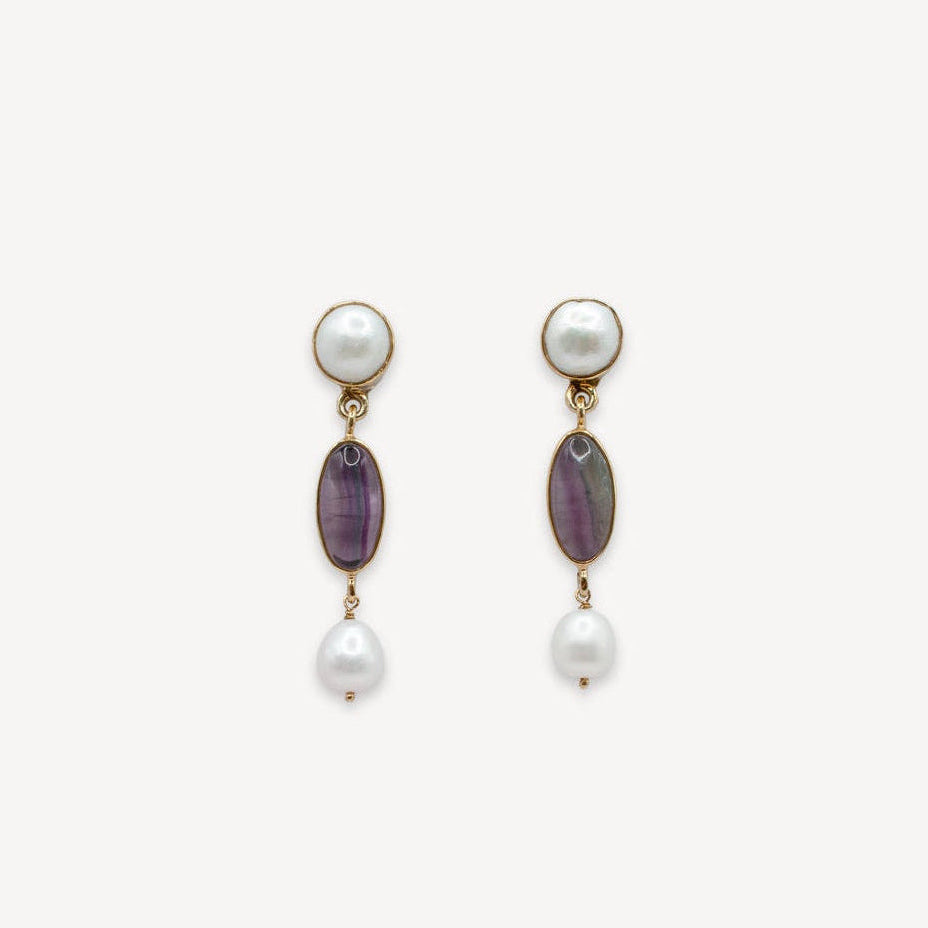 Boucles d'oreilles fluorite et perle - ovale